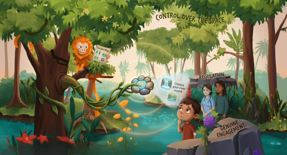 A child engaging with AR technology in a pediatric healthcare environment.